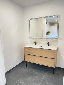 a bathroom with a sink and a mirror at La Logette in Les Petites-Loges