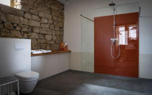 a bathroom with a toilet and a glass shower at Ferienhaus ScheunenRefugio in Rot am See