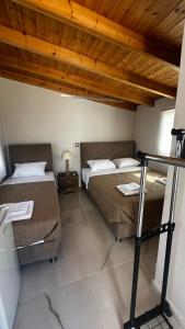 a bedroom with two beds and a wooden ceiling at Steven Eleonas apartments in Eleonas