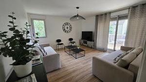 a living room with a couch and a tv at Les Reflets de Dijon in Dijon