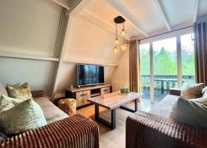 a living room with a couch and a tv and a table at Bosgeluk Durbuy in Durbuy