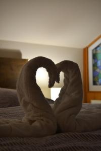 a towel folded in the shape of a heart on a bed at Apartman Aya in Janov nad Nisou