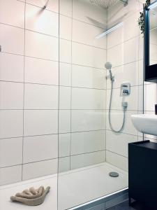 a bathroom with a shower and a sink at LYMA Suites - Studio S70 in Immenstadt im Allgäu