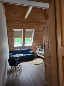 扎科帕内Pokoje Apartamenty Samo Centrum Zakopane ,,Willa Kasztelanka"的客厅里有一张蓝色沙发和一张床