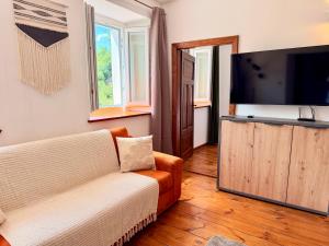 a living room with a couch and a flat screen tv at Castellino di Castello di fiemme in Castello di Fiemme