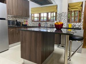 a kitchen with a counter with a bowl of fruit on it at Mi casa guesthouse in Gaborone