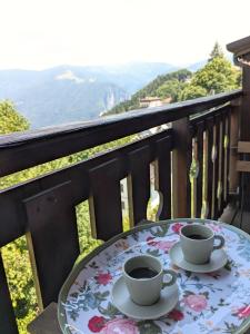 two cups of coffee sitting on a table on a balcony at Casetta Scricciolo in Enego