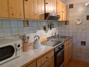 a kitchen with a sink and a stove and a microwave at Casetta Scricciolo in Enego