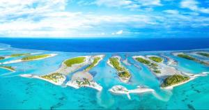 an aerial view of an island in the ocean at Te Manu Lodge Tikehau in Tikehau
