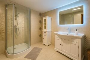 a bathroom with a shower and a sink and a mirror at La Râu - Căsuța de poveste in Cîmpulung