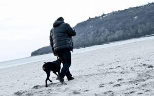 a person walking a dog on the beach at ХОТЕЛ за кучета Киноложки център СТИФ in Bŭnzareto