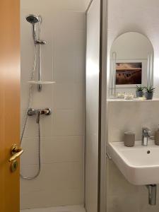 un baño con ducha y lavabo en Fewo Mohnrot - Fulgenhaus, en Klein Bollhagen