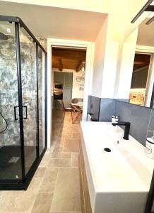 a bathroom with a shower and a white sink at Amalfi Lodge in Tramonti