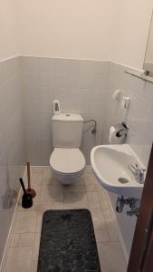 a bathroom with a toilet and a sink at Skyline Kreuztal in Kreuztal