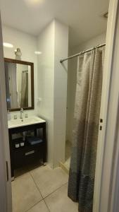 a bathroom with a shower and a sink and a mirror at El Hornero Barraca Puerto in Concepción del Uruguay +5 photos