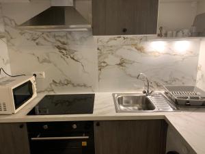 a kitchen with a sink and a microwave at Petit appartement dans une maison au calme in Bonneville