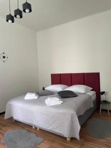 a bedroom with a large bed with a red headboard at Cherry Apart Legionów 24 in Łódź