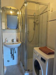 a bathroom with a shower and a sink and a washing machine at Mansarda N12 Galliari in Turin