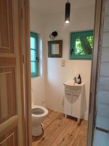 un baño con inodoro y lavabo en Węgiełek Treehouse Little Barn, en Kazimierz Dolny