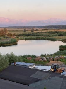 a view of a lake with a tractor on a roof at Rozalia in Stary Borek