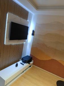a room with a flat screen tv on a wall at Chambre avec salon et balcon - Gare Annemasse in Annemasse