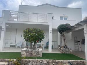 a white house with two trees in a yard at Calasetta casa al mare in Calasetta