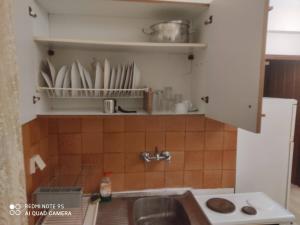 a kitchen with a sink and some plates on a shelf at Rousetis in Aigio