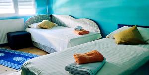 a blue room with two beds with towels on them at ZNK Family House in Skopje