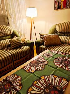 a living room with a couch and a blanket at ZNK Family House in Skopje