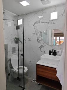 a bathroom with a toilet and a sink and a mirror at קסם הכנרת in Tiberias