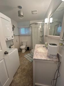 a small bathroom with a sink and a toilet at Cozy cottage by the beach in Pointe-du-Chêne +18 photos