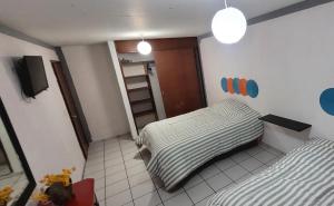 een kleine kamer met 2 bedden en een televisie bij Sol viajero Guadalajara in Guadalajara