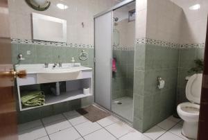 een badkamer met douche, wastafel en toilet bij Sol viajero Guadalajara in Guadalajara