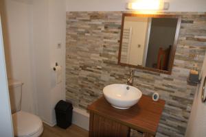 a bathroom with a sink and a toilet and a mirror at Appartement Duplex 4 à 6 personnes in Arreau +5 photos