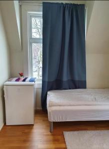 a bedroom with a blue curtain and a window at Villa Sandvika House in Kalvøya