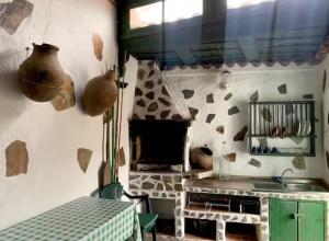 - une cuisine avec une cheminée, une table et une cuisinière dans l'établissement CASA RURAL CANARIA HOMBRE DE PALO, à Santa Cruz de Tenerife