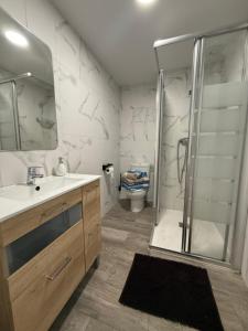 a bathroom with a shower and a sink and a toilet at Apartamento del Puente in Autol