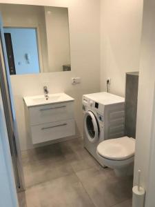 y baño con lavamanos y lavadora. en Apartamenty Platinum 3, en Gdansk