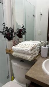 a bathroom with a toilet and a sink and a mirror at Espectacular! Apartamento en cali cerca al coliseo del pueblo in Cali +18 photos