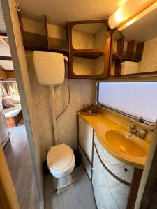 a bathroom with a toilet and a sink at Trailer Vintage no Sítio Wanderlust in Rolante +53 photos