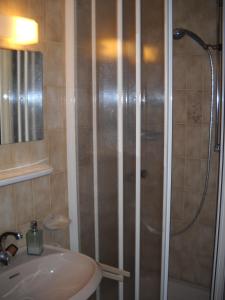 uma casa de banho com um chuveiro e um lavatório. em Chambre d'hôtes Littoral 65 em Chez-le-Bart