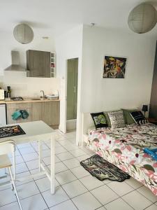 Una sala de estar con una cama y una cocina. en Great apartment avec stationnement, en Saint-Étienne