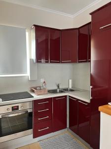 a kitchen with red cabinets and a sink at Niki Apartment in Palić +6 photos