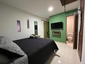 a bedroom with a black bed and a green wall at Olivo House Casa Hotel in Envigado