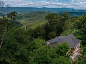 une vue aérienne d'une maison dans les bois dans l'établissement Overlook Cabin Hot Tub, Amazing Views, Fireplace, à Rileyville