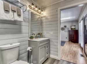 een badkamer met een toilet, een wastafel en een spiegel bij Absolutely Gorgeous, Modern Retreat W Hot Tub in Sevierville +40 foto's