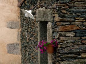 uma parede de pedra com um vaso de flores e uma luz em Casa da Ti Cura em Atenor