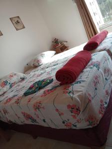 a bed with red pillows on it with a window at El Depa 5 - Cerca de todo- in Eldorado +8 photos