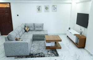 a living room with a gray couch and a tv at Casa-Koker Residences in Kisumu