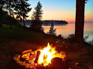 a fire pit in the grass next to a lake at Lakefront Pine Cottage Hot Tub & Fire Pit in Sodus